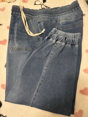 Lane Bryant Light Blue Denim Joggers with Cream Drawstring